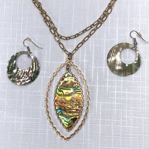 Unique Abalone Shell Marquise Pendant Necklace and Hoop Earrings Set Gold Tone